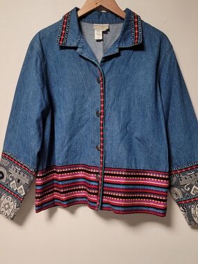 Coldwater Creek Large Blue Denim Jean Jacket Colorful Stitching Details *flaw